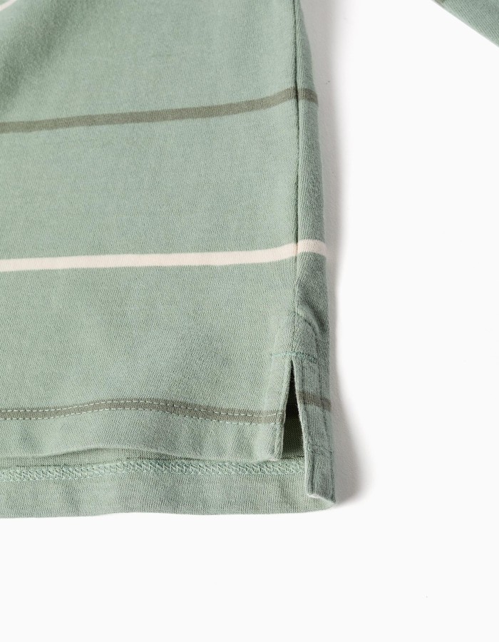 Long sleeve cotton polo shirt with stripes B&S for boys, green/white