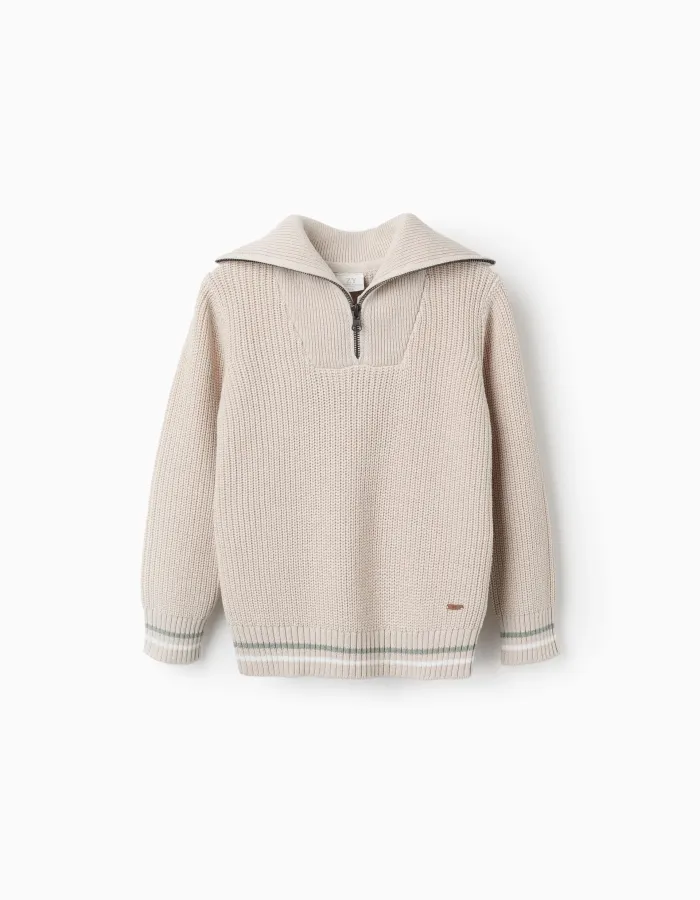 Cotton knitted half-zip jumper B&S for boys, beige