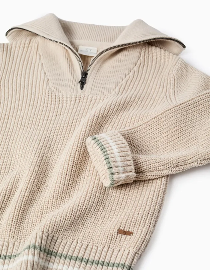 Cotton knitted half-zip jumper B&S for boys, beige