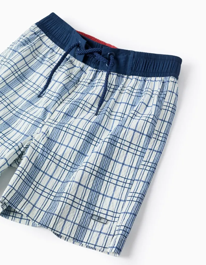 Checkered Swim Shorts for Boys 'You & Me', White/Blue