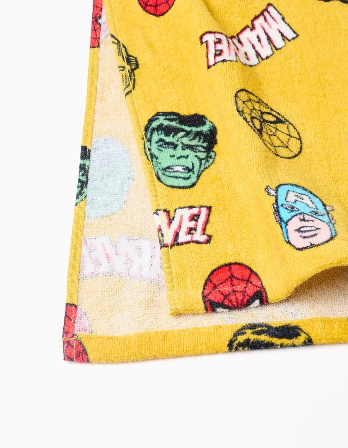 Hooded beach poncho in cotton with Marvel motif for boys, yellow