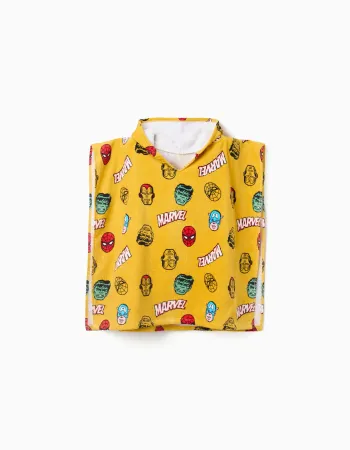 Hooded beach poncho in cotton with Marvel motif for boys, yellow