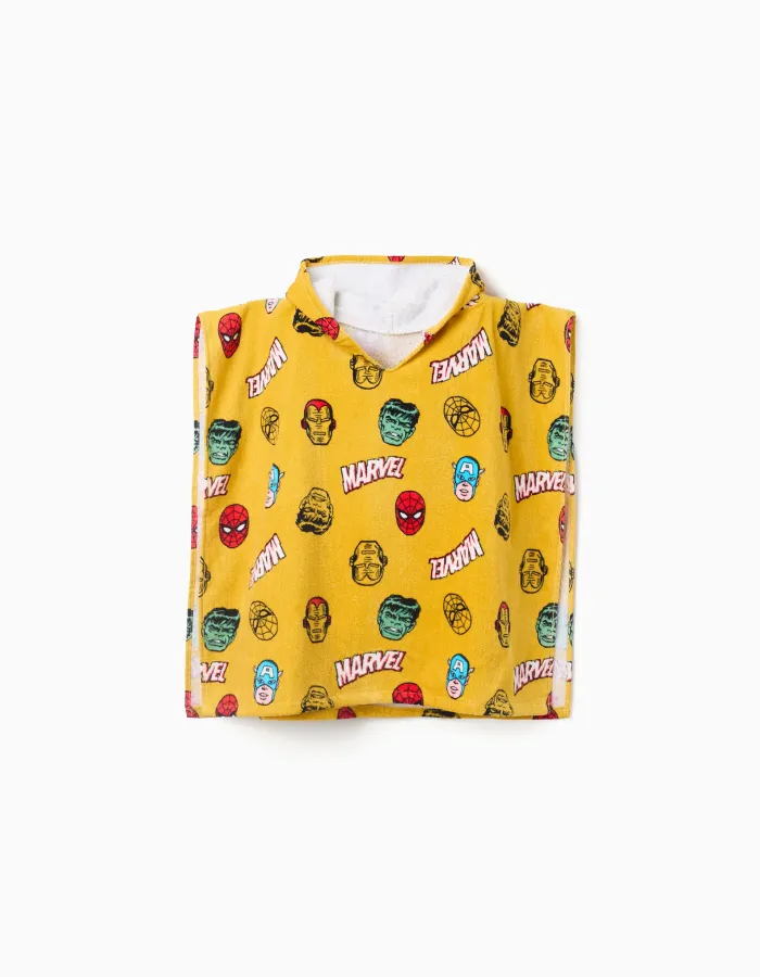 Hooded beach poncho in cotton with Marvel motif for boys, yellow