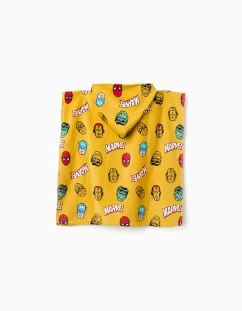 Hooded beach poncho in cotton with Marvel motif for boys, yellow