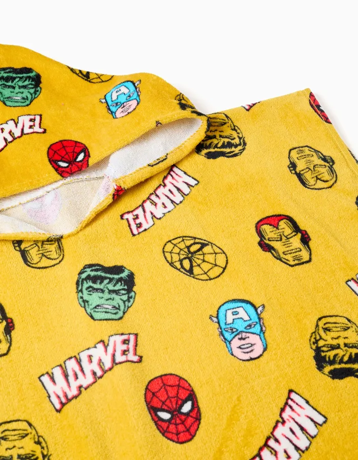 Hooded beach poncho in cotton with Marvel motif for boys, yellow