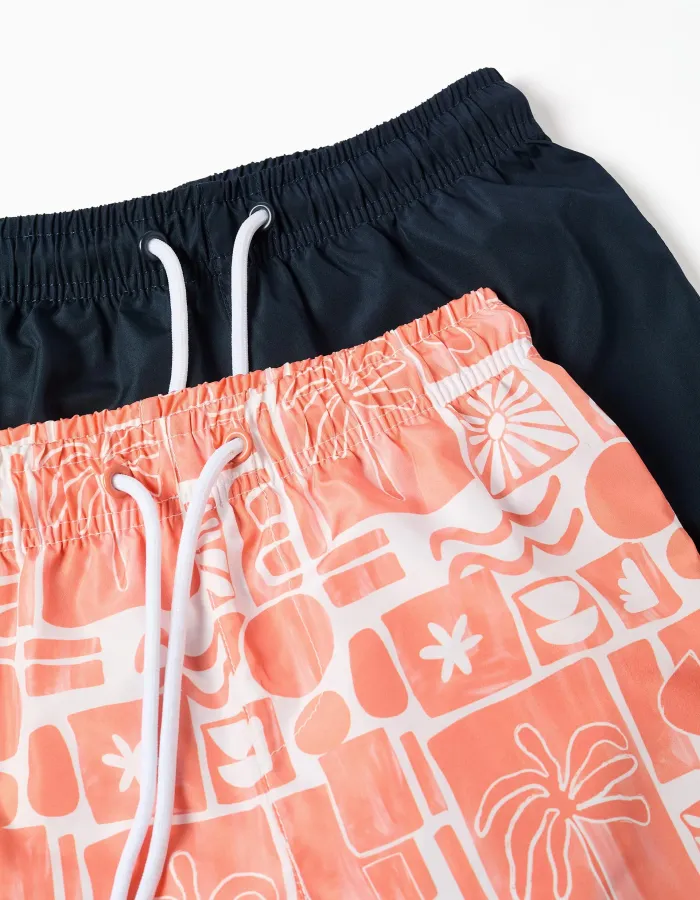 Pack of 2 plain/printed swim shorts with drawstring for boys, multicolour