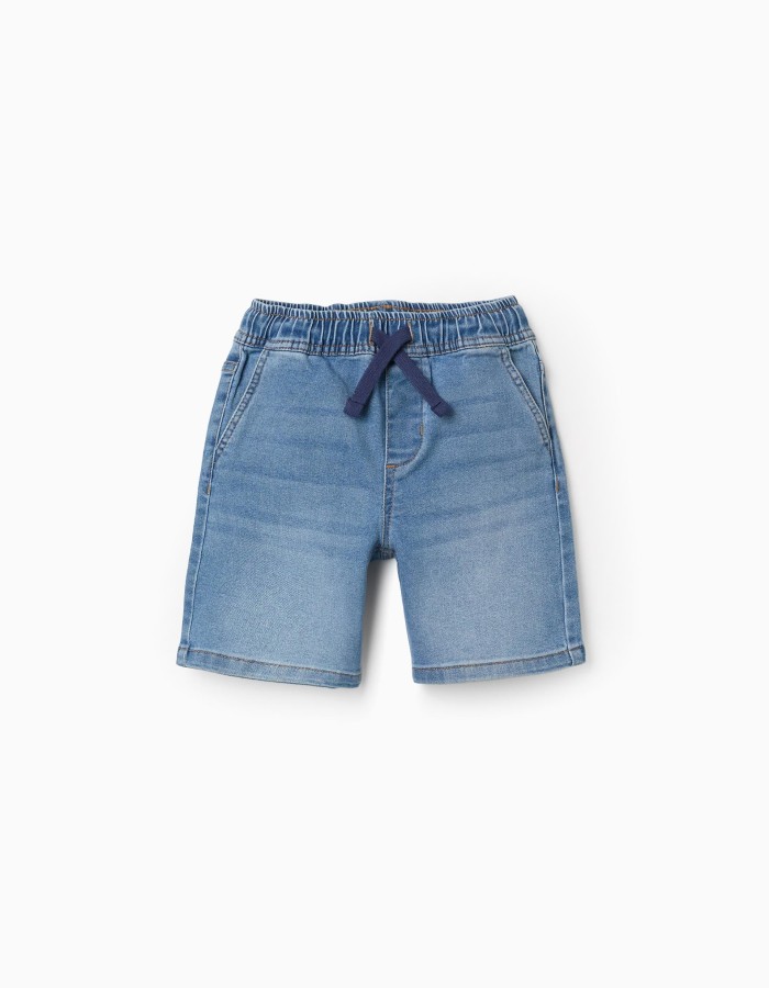 Midi denim pull-up shorts with drawstring for boys, light blue