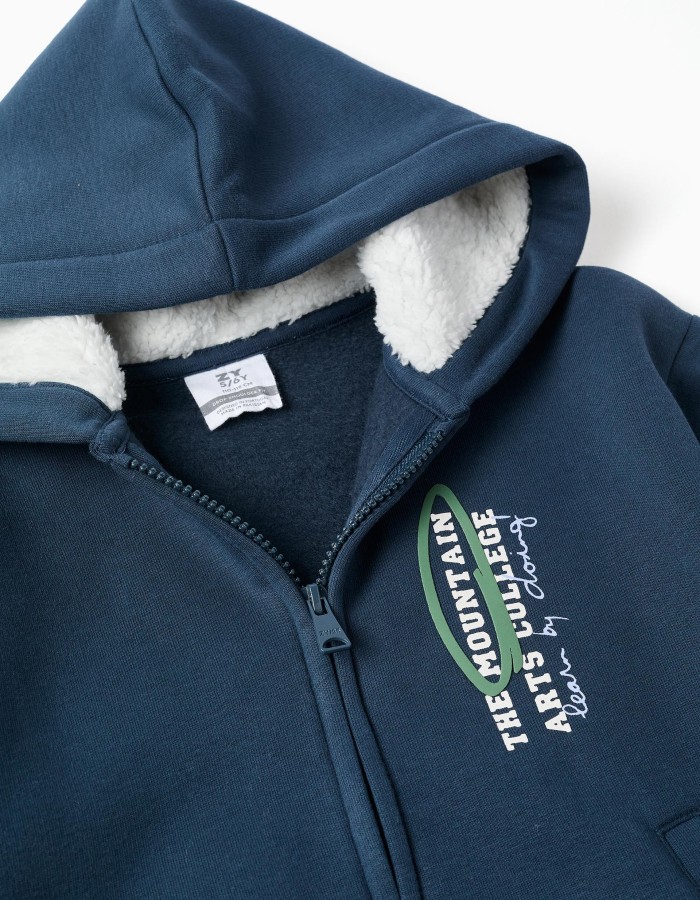 Brushed hooded jacket with 'Arts College' print for boys, blue