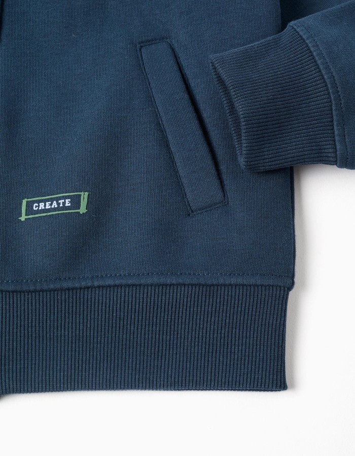 Brushed hooded jacket with 'Arts College' print for boys, blue