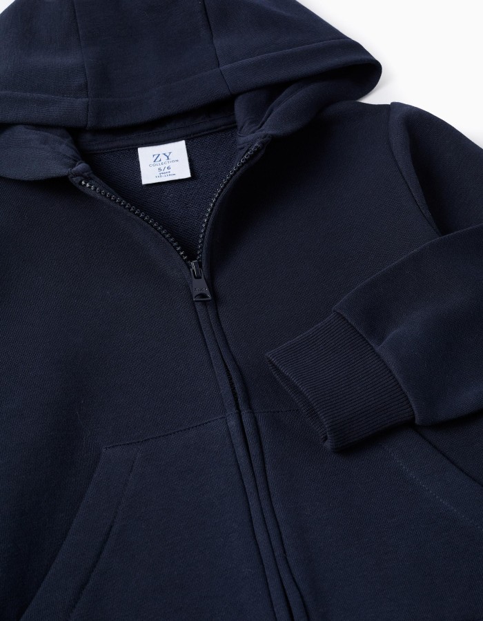 Hooded fleece jacket with pockets for boys, dark blue