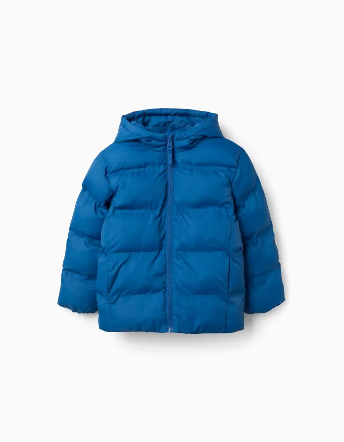 Hooded thermal quilted jacket with pockets for boys, blue