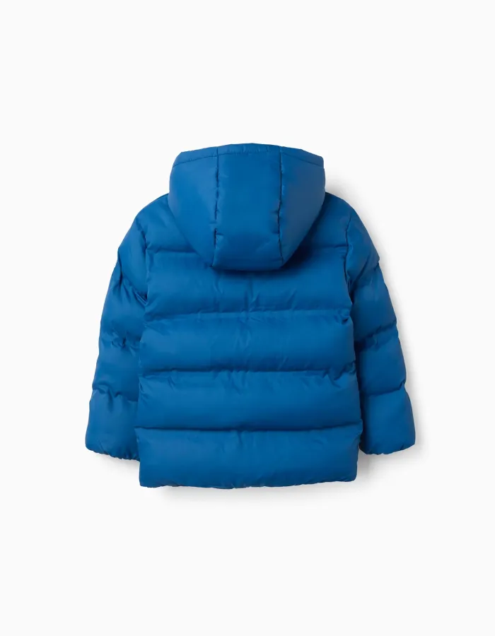 Hooded thermal quilted jacket with pockets for boys, blue