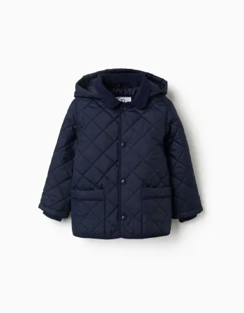Quilted jacket with detachable hood for children, navy blue
