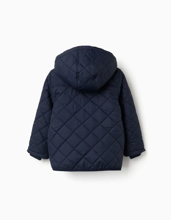 Quilted jacket with detachable hood for children, navy blue