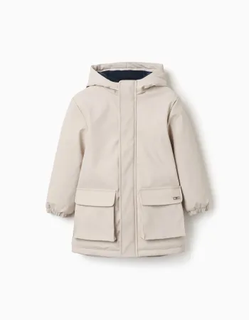 Hooded padded parka with front pockets for boys, light beige
