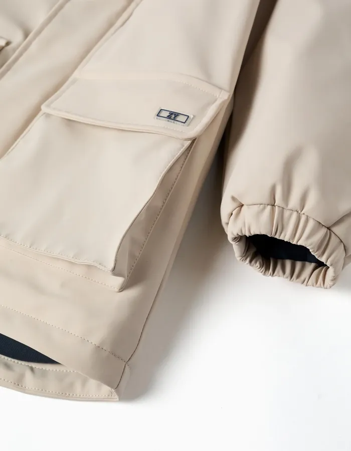 Hooded padded parka with front pockets for boys, light beige