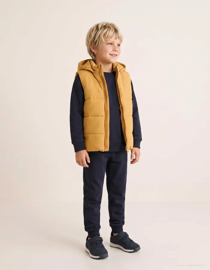 Hooded puffer vest with front zip for children, mustard yellow
