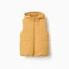 Hooded puffer vest with front zip for children, mustard yellow