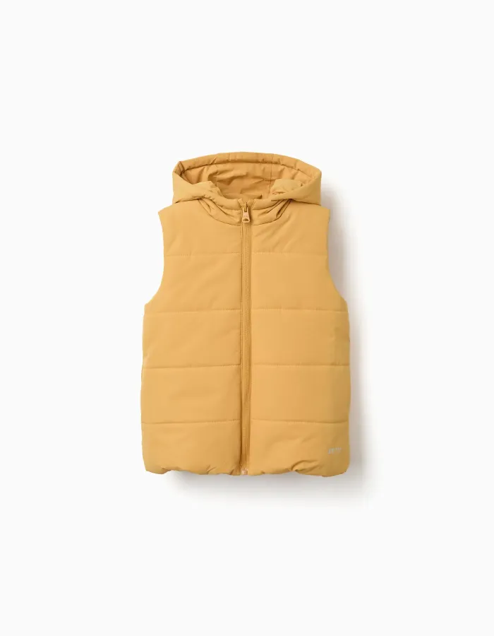 Hooded puffer vest with front zip for children, mustard yellow