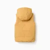 Hooded puffer vest with front zip for children, mustard yellow