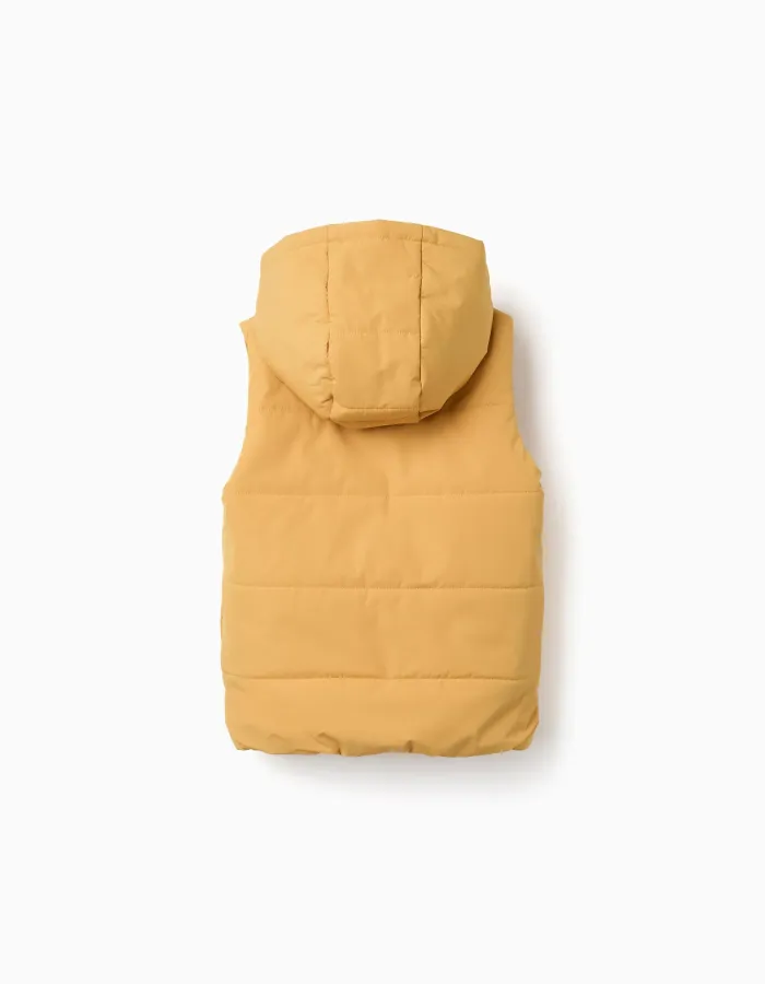 Hooded puffer vest with front zip for children, mustard yellow