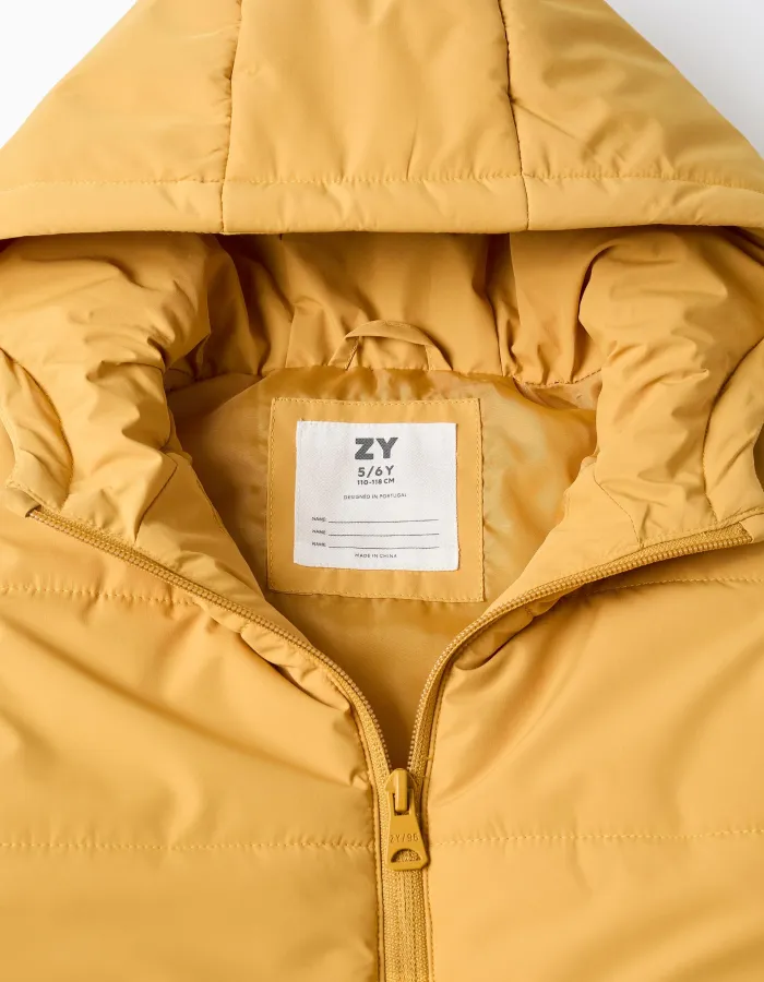 Hooded puffer vest with front zip for children, mustard yellow