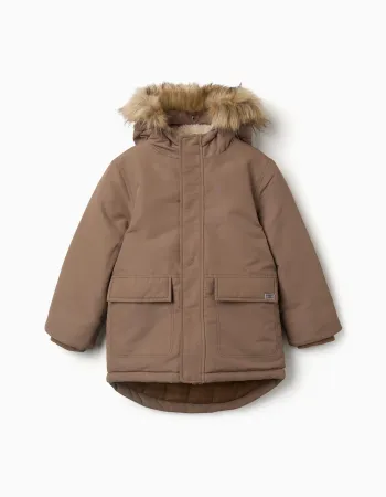 Hooded parka with sherpa lining for boys, greyish-brown