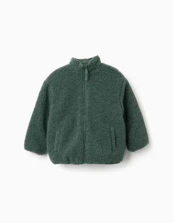 Reversible puffer jacket with sherpa for boys, dark green