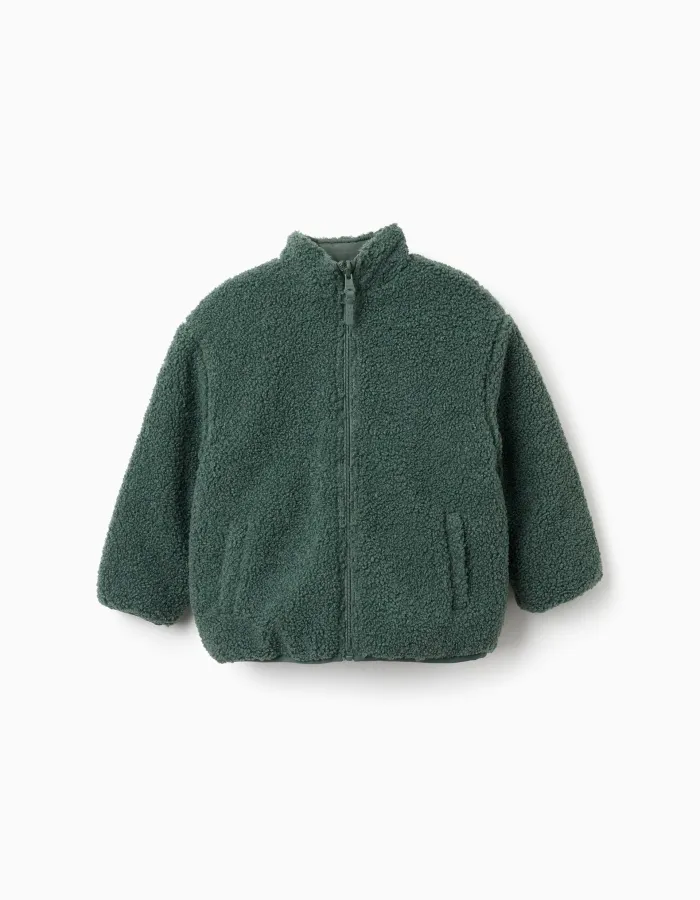 Reversible puffer jacket with sherpa for boys, dark green