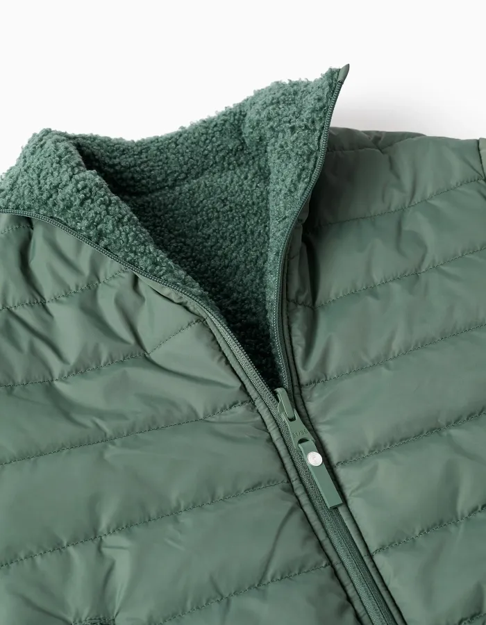 Reversible puffer jacket with sherpa for boys, dark green