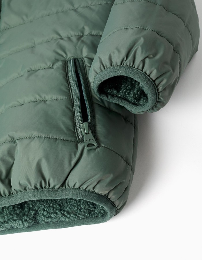 Reversible puffer jacket with sherpa for boys, dark green