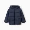 Hooded puffer jacket with polar fleece lining for boys, navy blue