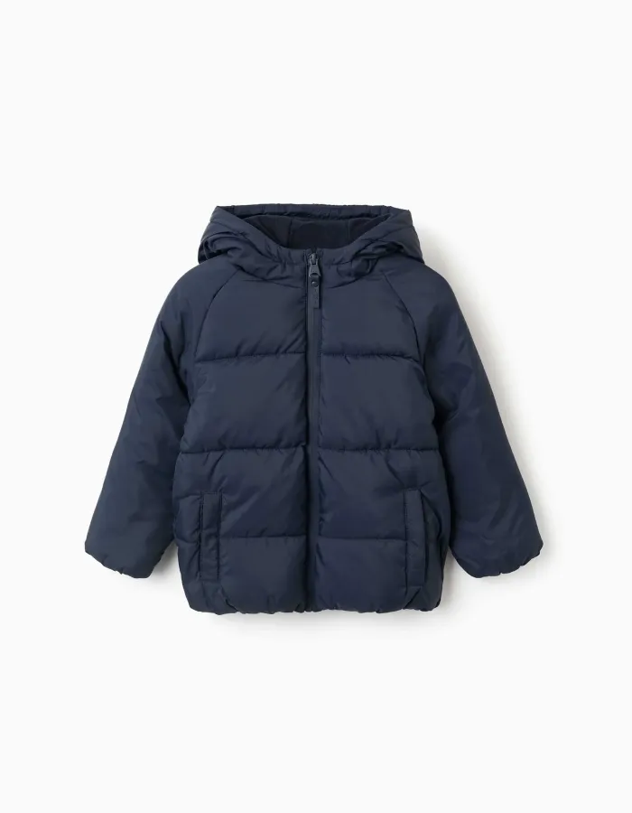Hooded puffer jacket with polar fleece lining for boys, navy blue