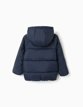 Hooded puffer jacket with polar fleece lining for boys, navy blue