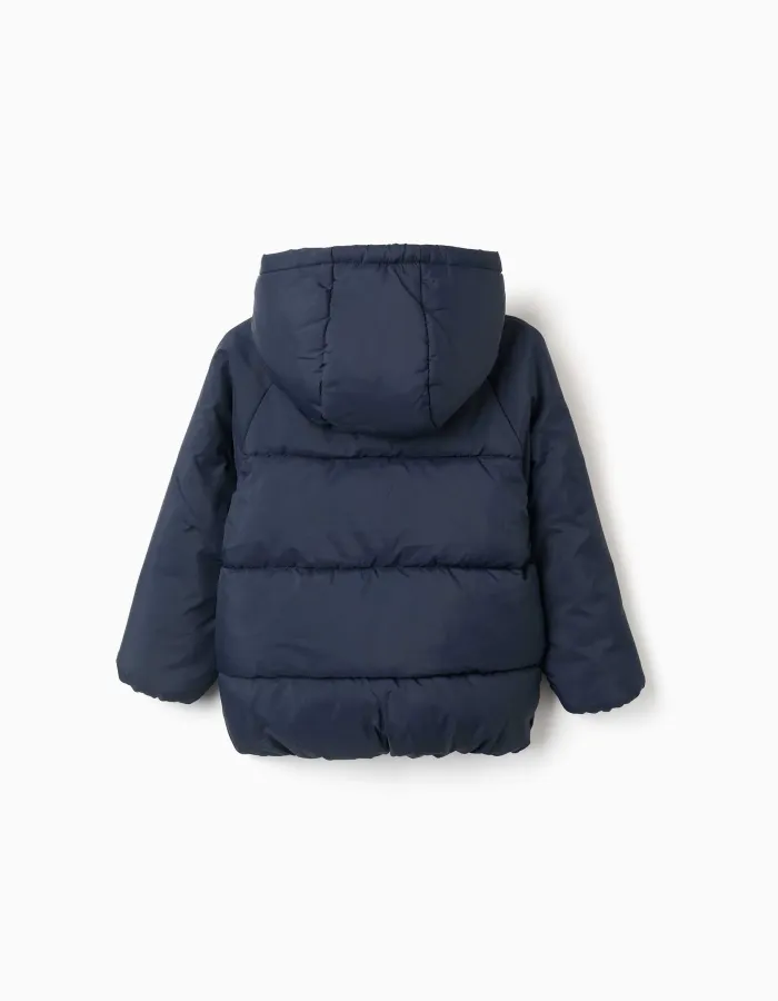 Hooded puffer jacket with polar fleece lining for boys, navy blue