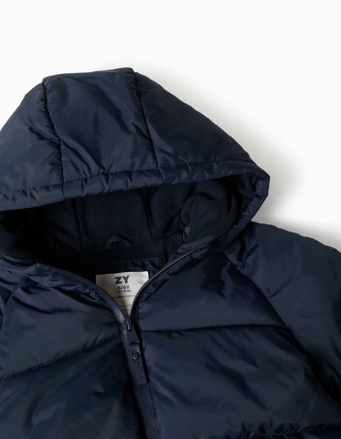 Hooded puffer jacket with polar fleece lining for boys, navy blue
