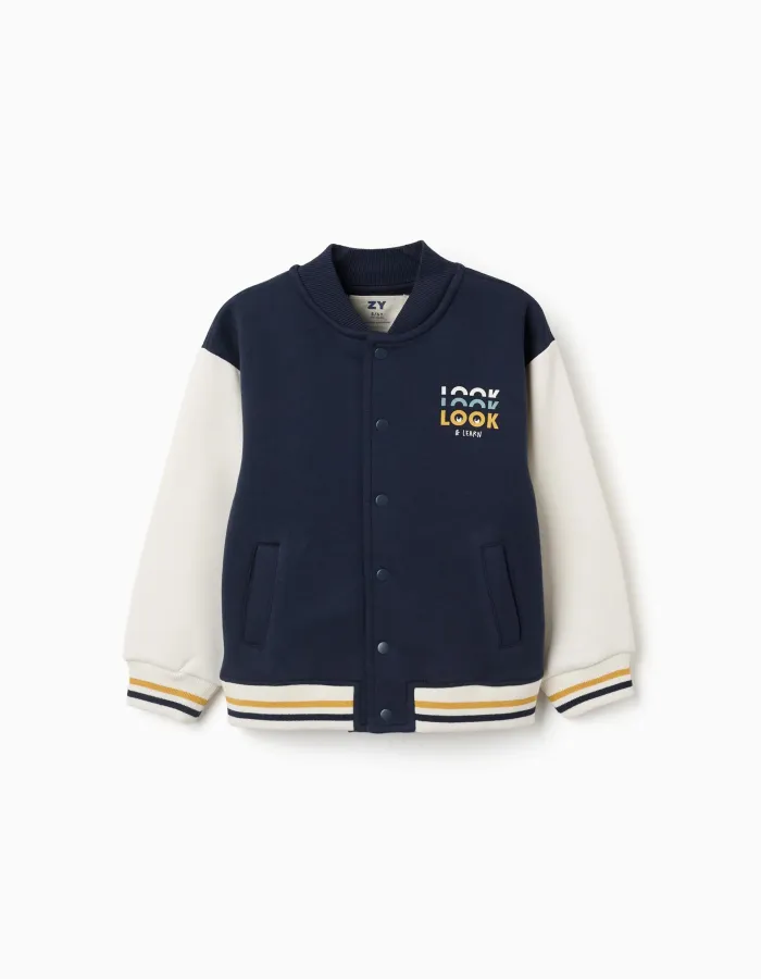 Brushed bomber jacket with print for boys, navy blue/white/yellow