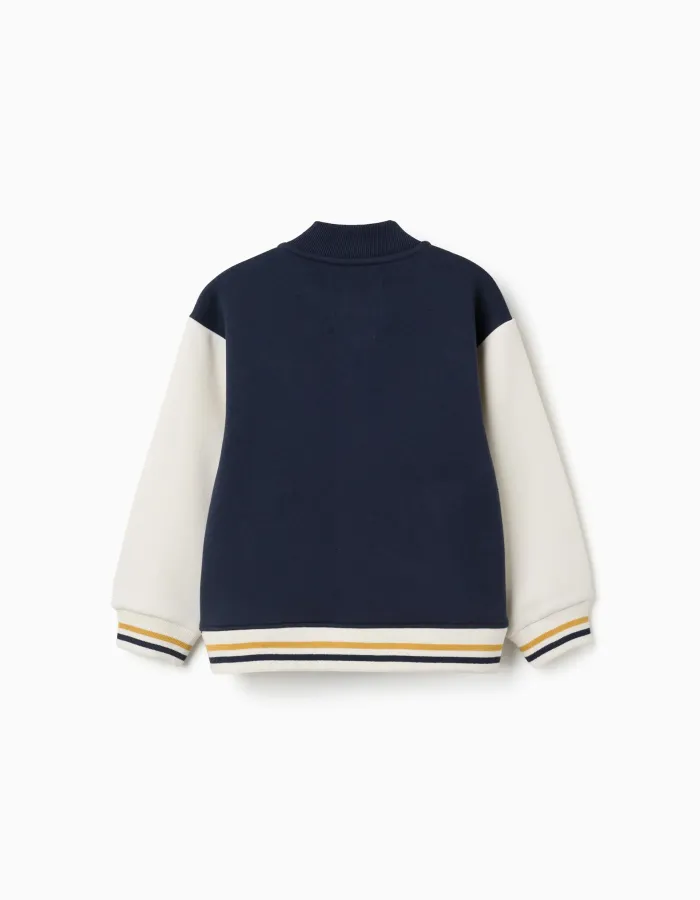 Brushed bomber jacket with print for boys, navy blue/white/yellow