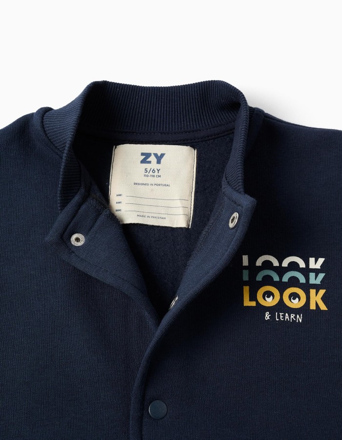 Brushed bomber jacket with print for boys, navy blue/white/yellow