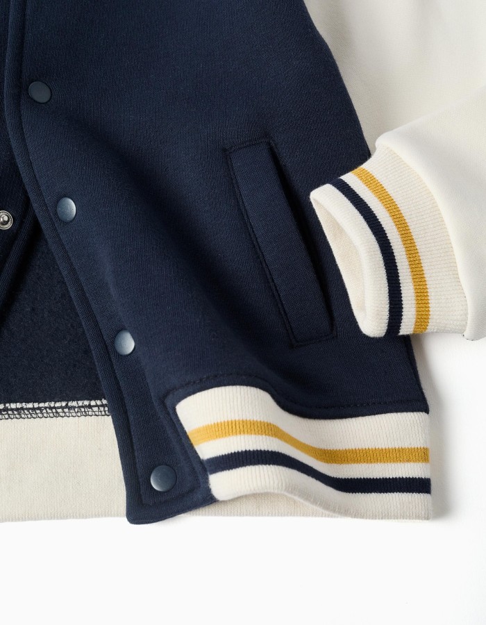 Brushed bomber jacket with print for boys, navy blue/white/yellow