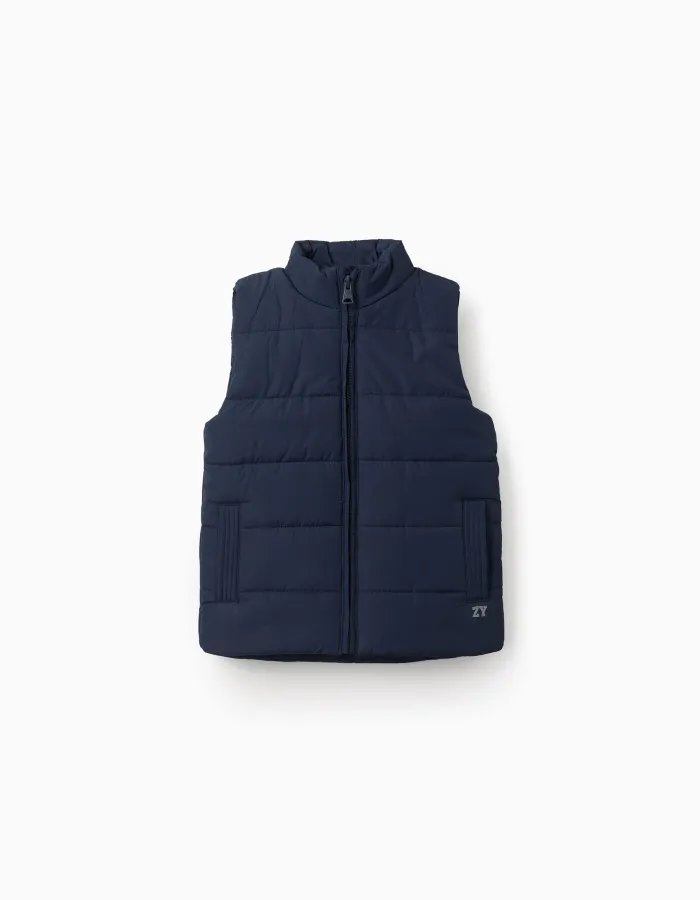 Puffer vest with polar fleece lining and pockets for boys, navy blue