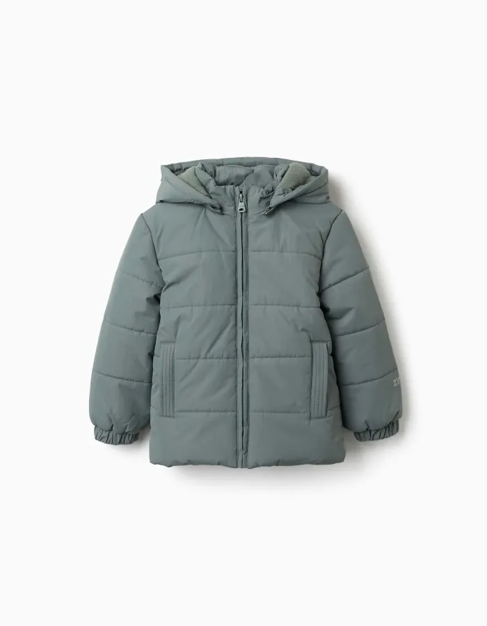 Hooded puffer jacket with fleece lining for boys, dark green