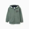 Cotton hooded jacket with ZY bouclé embroidery for boys, dark green