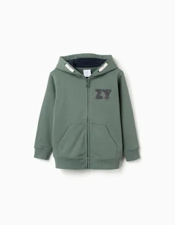 Cotton hooded jacket with ZY bouclé embroidery for boys, dark green
