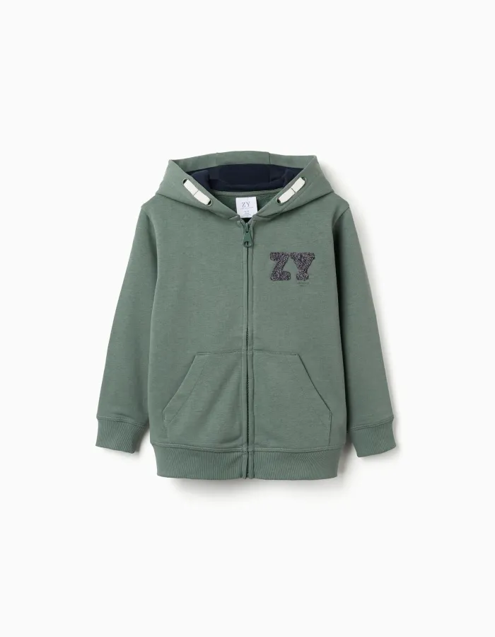 Cotton hooded jacket with ZY bouclé embroidery for boys, dark green