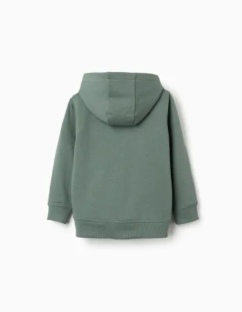 Cotton hooded jacket with ZY bouclé embroidery for boys, dark green