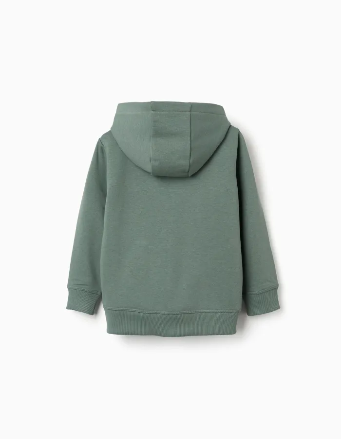 Cotton hooded jacket with ZY bouclé embroidery for boys, dark green
