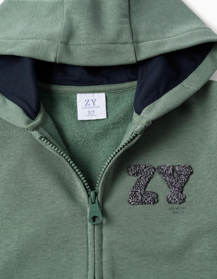Cotton hooded jacket with ZY bouclé embroidery for boys, dark green