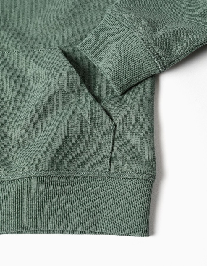 Cotton hooded jacket with ZY bouclé embroidery for boys, dark green