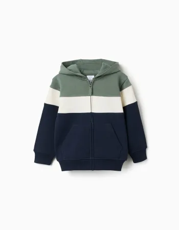 Brushed hooded jacket with colour block for boys, green/white/blue